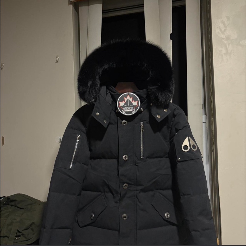 Moose Knuckles Black Down Puffer Parka with Fur-Trim Hood